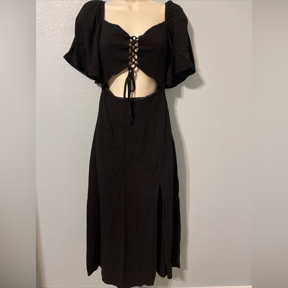 L.I.A. Love Is All Black Midi Dress Lace Up Cut Out Front Whimsigoth Slit Small